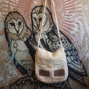 Handmade Cotton Macrame and Brown Genuine Suede Crossbody Tote Bag